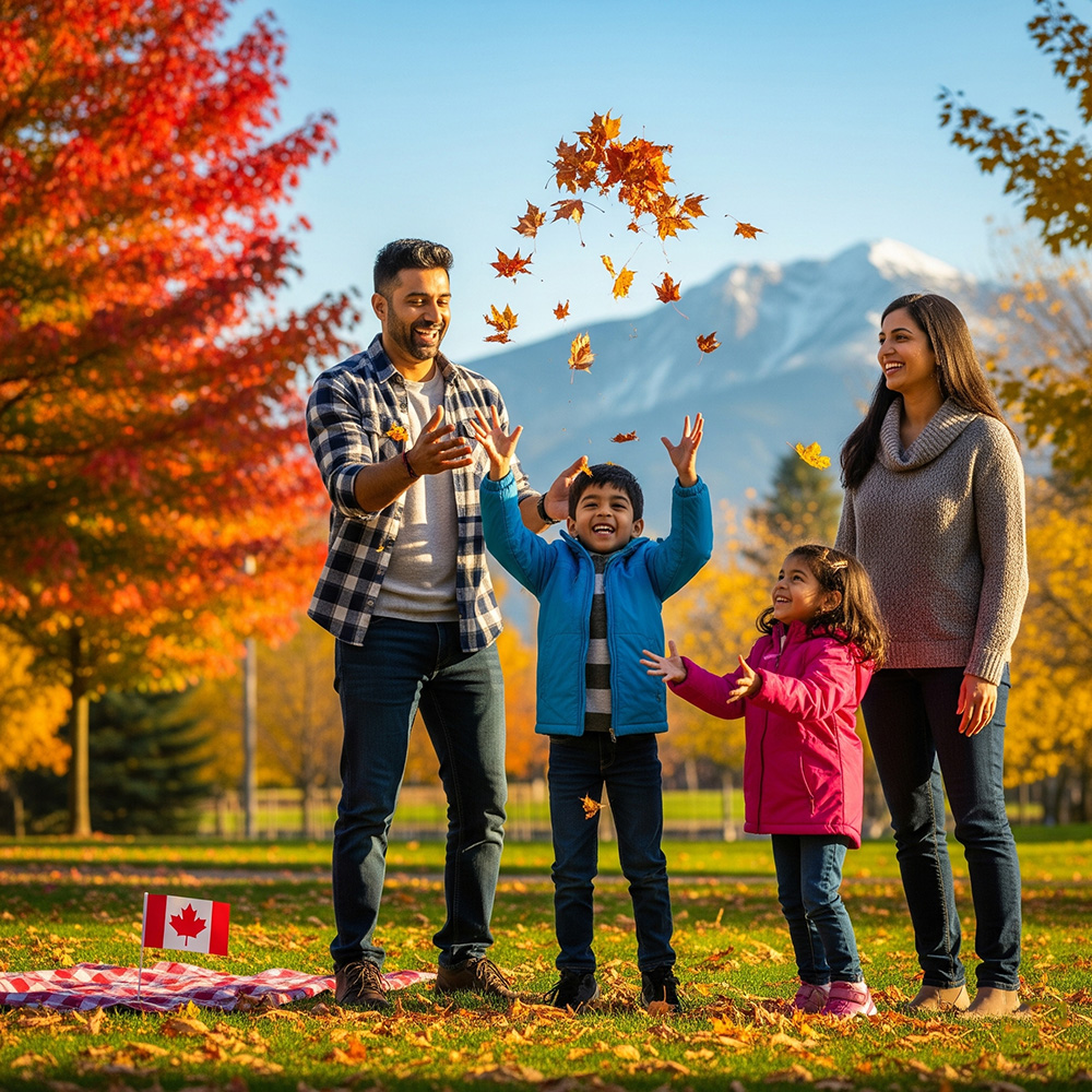 A family silhouetted against a beautiful Canadian sunset, symbolizing a bright future.