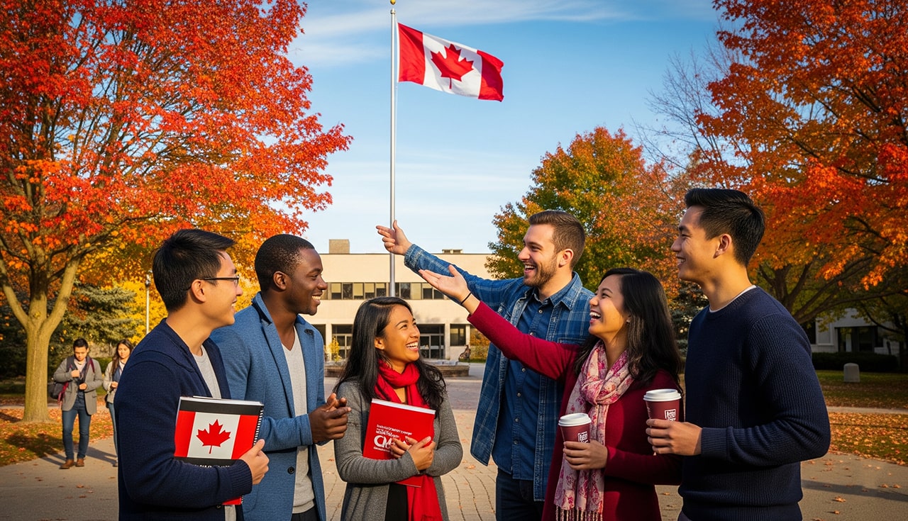 Diverse group of students smiling on a Canadian university campus