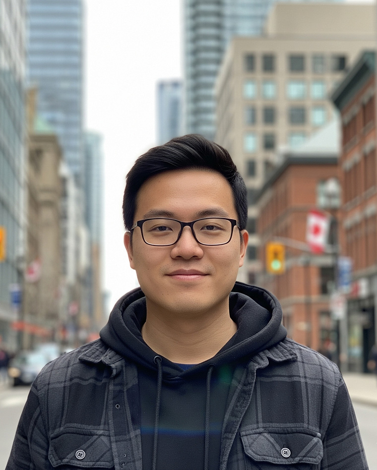 A skilled professional looking over a Canadian city skyline, symbolizing career growth.